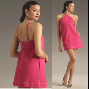 By Anthropologie The Judie Halter Denim Swing Mini Dress size L PINK neW